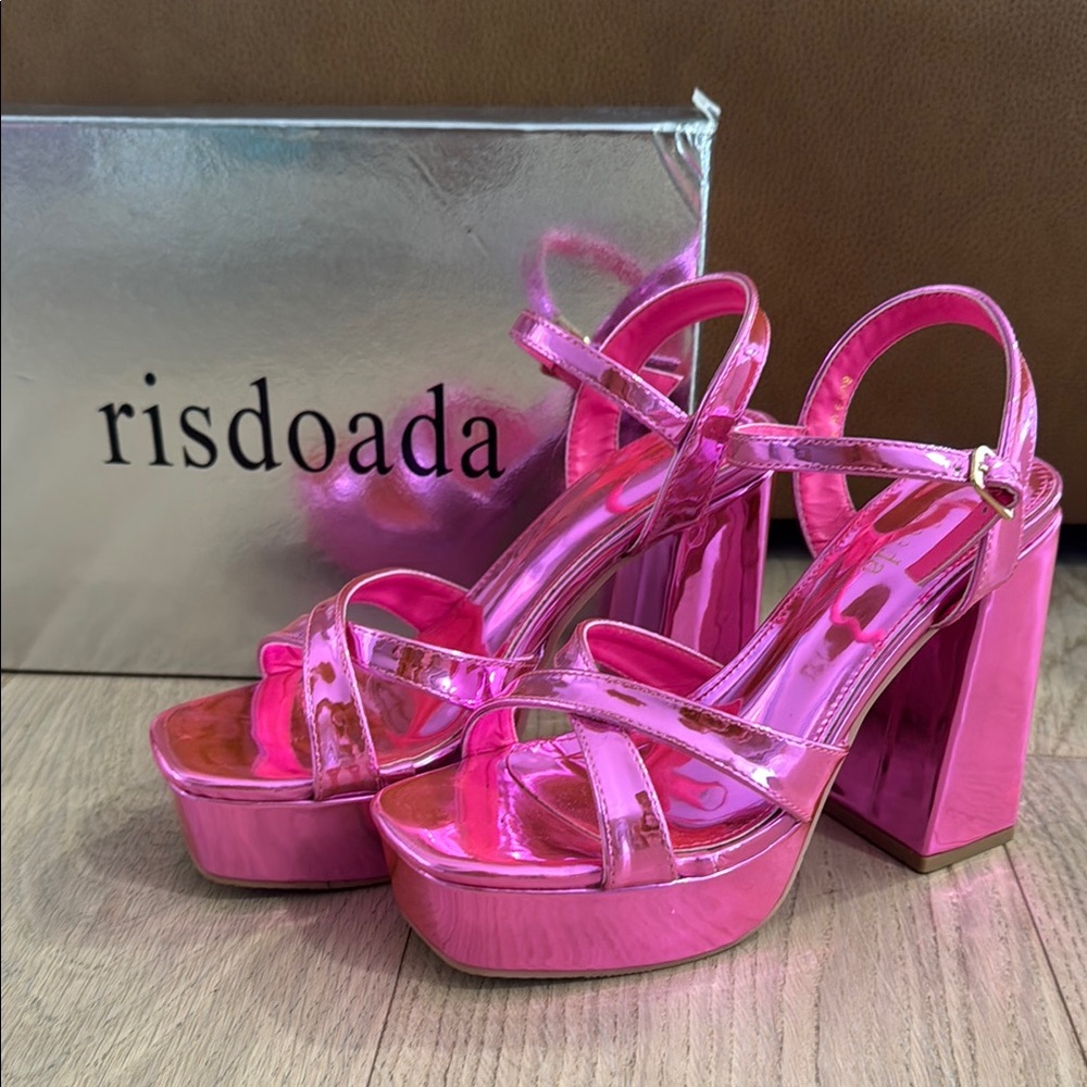 Shiny Pink Block Heels